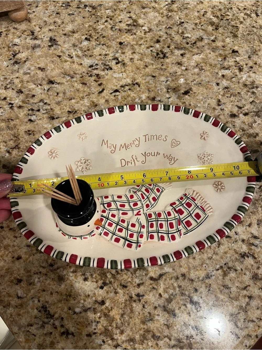 Grasslands Road Cream Christmas Snowman Serving Platter with Red and Green Trim